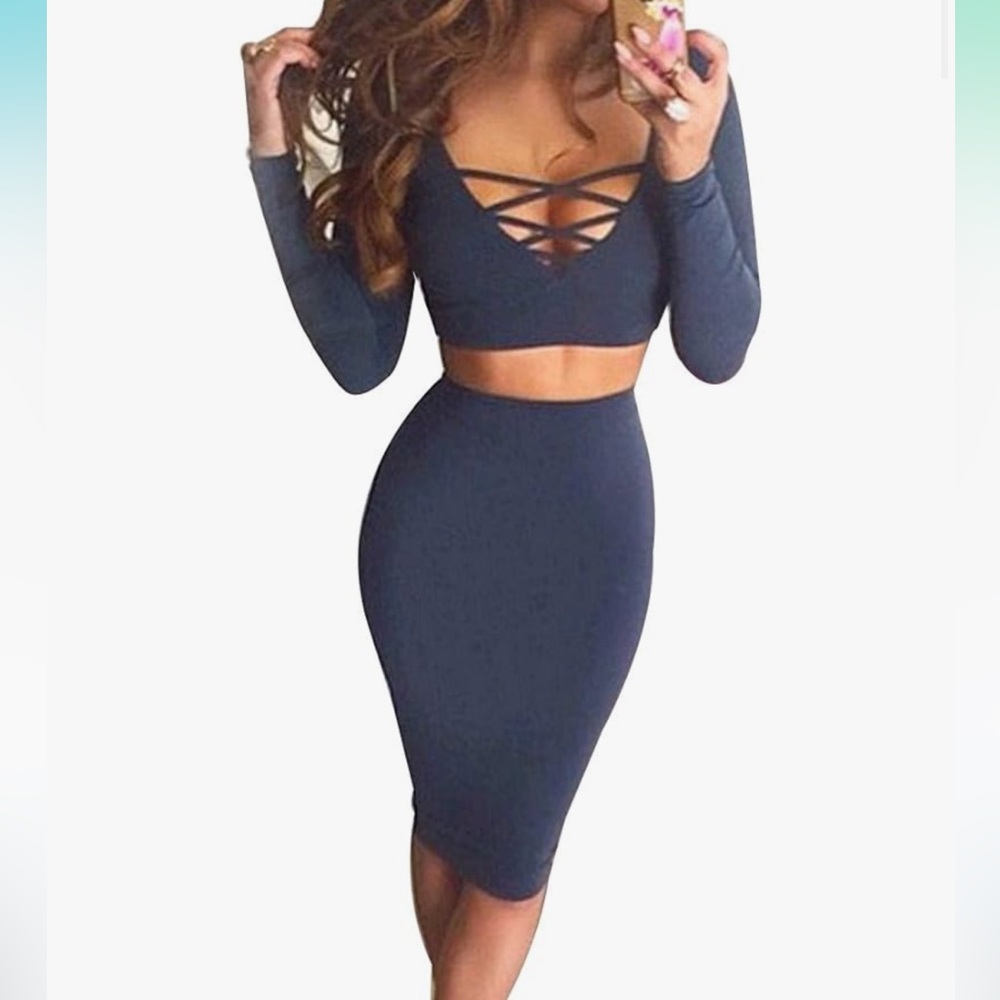 Navy Crop Top and Pencil Skirt 2 Piece Set